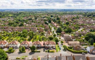 An aerial view of a residential area in the suburbs of Derby, pictured on a cloudy day.